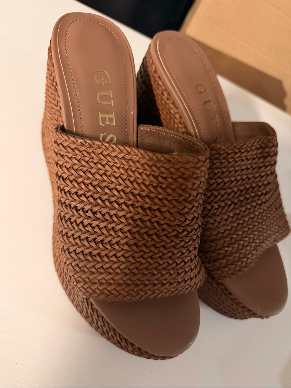 GUESS Brown Braided Wedge Slide Sandals